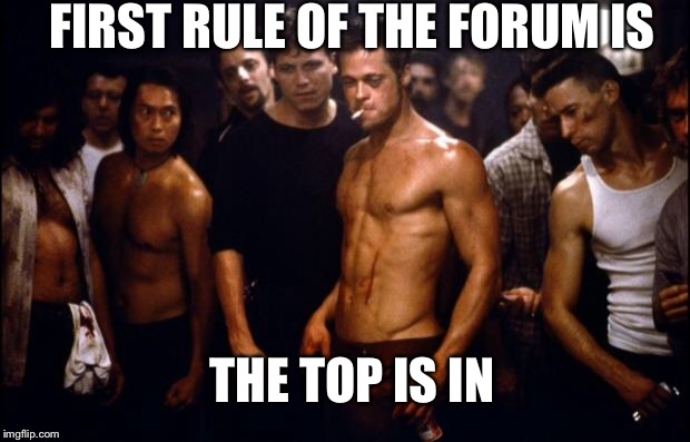 Fight Club Template  | FIRST RULE OF THE FORUM IS; THE TOP IS IN | image tagged in fight club template | made w/ Imgflip meme maker