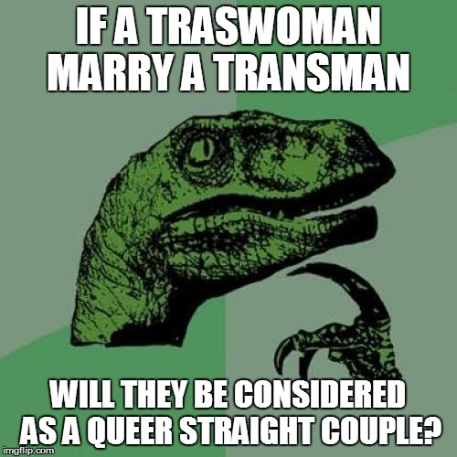 Philosoraptor Meme | IF A TRASWOMAN MARRY A TRANSMAN WILL THEY BE CONSIDERED AS A QUEER STRAIGHT COUPLE? | image tagged in memes,philosoraptor | made w/ Imgflip meme maker