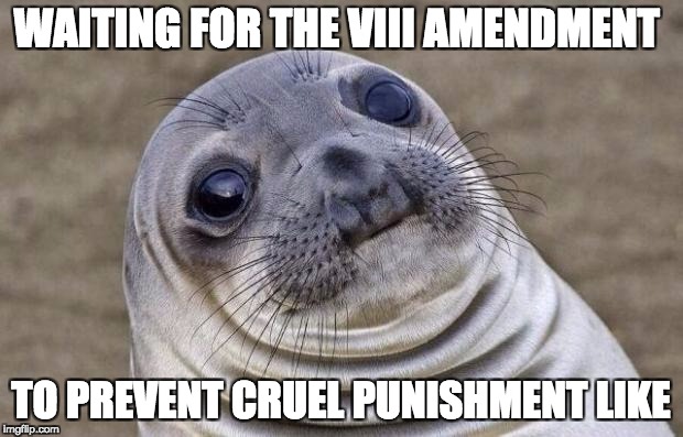 Awkward Moment Sealion | WAITING FOR THE VIII AMENDMENT; TO PREVENT CRUEL PUNISHMENT LIKE | image tagged in memes,awkward moment sealion | made w/ Imgflip meme maker