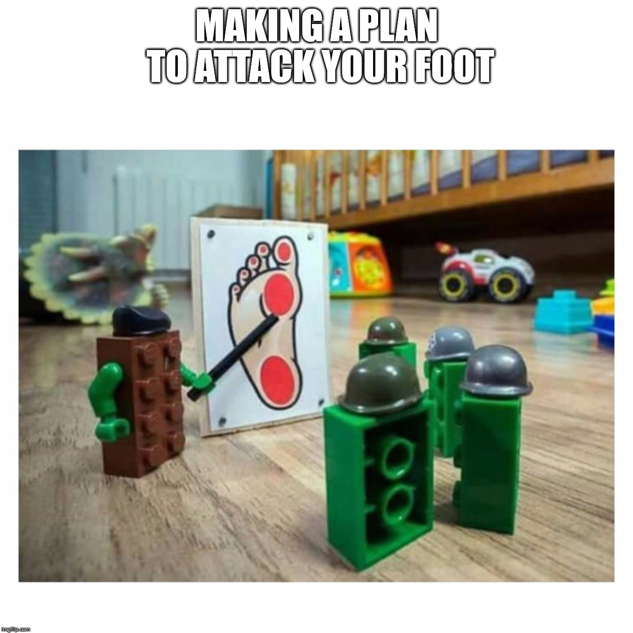 MAKING A PLAN TO ATTACK YOUR FOOT | image tagged in foot,lego | made w/ Imgflip meme maker