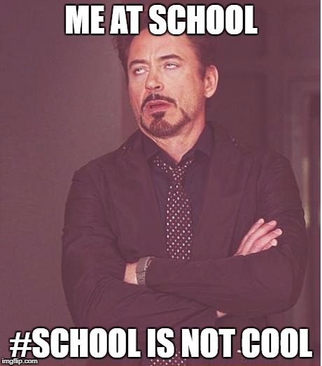 Face You Make Robert Downey Jr Meme | ME AT SCHOOL; #SCHOOL IS NOT COOL | image tagged in memes,face you make robert downey jr | made w/ Imgflip meme maker