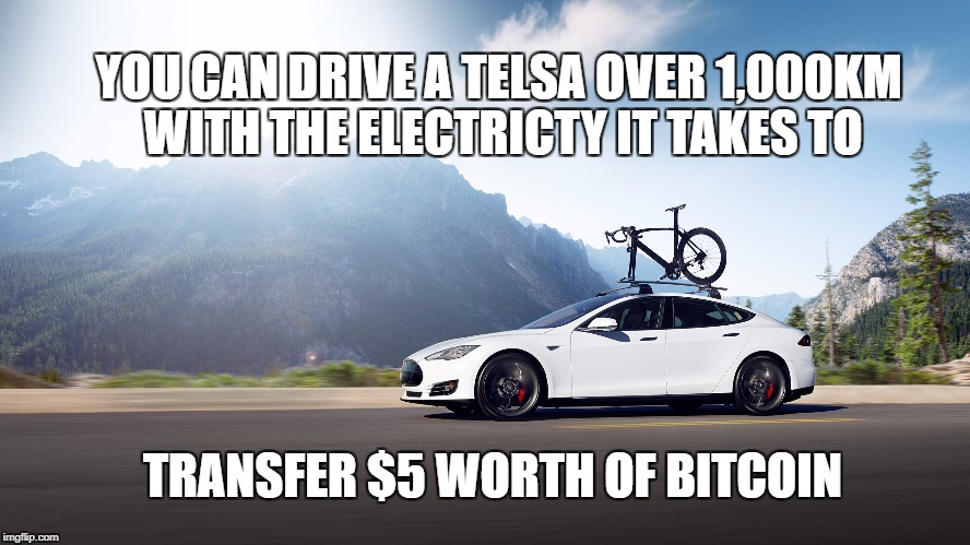 you can drive a tesla over 1000km with the electricty it takes to transfer $5 worth of bitcoin 200KWh | YOU CAN DRIVE A TELSA OVER 1,000KM WITH THE ELECTRICTY IT TAKES TO; TRANSFER $5 WORTH OF BITCOIN | image tagged in bitcoin,tesla,200kwh | made w/ Imgflip meme maker