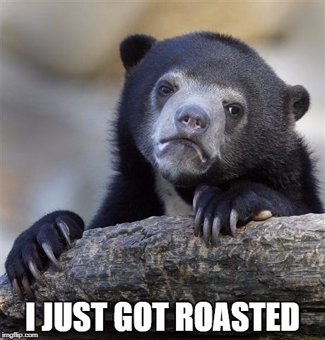I JUST GOT ROASTED | image tagged in memes,confession bear | made w/ Imgflip meme maker
