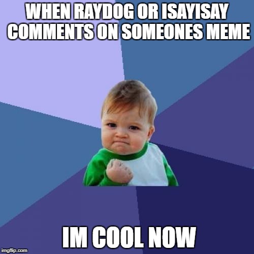 Success Kid Meme | WHEN RAYDOG OR ISAYISAY COMMENTS ON SOMEONES MEME; IM COOL NOW | image tagged in memes,success kid | made w/ Imgflip meme maker
