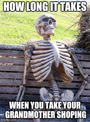 Waiting Skeleton | HOW LONG IT TAKES; WHEN YOU TAKE YOUR GRANDMOTHER SHOPING | image tagged in memes,waiting skeleton | made w/ Imgflip meme maker