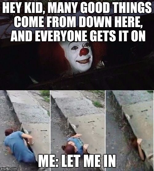 Pennywise | HEY KID, MANY GOOD THINGS COME FROM DOWN HERE, AND EVERYONE GETS IT ON; ME: LET ME IN | image tagged in pennywise | made w/ Imgflip meme maker