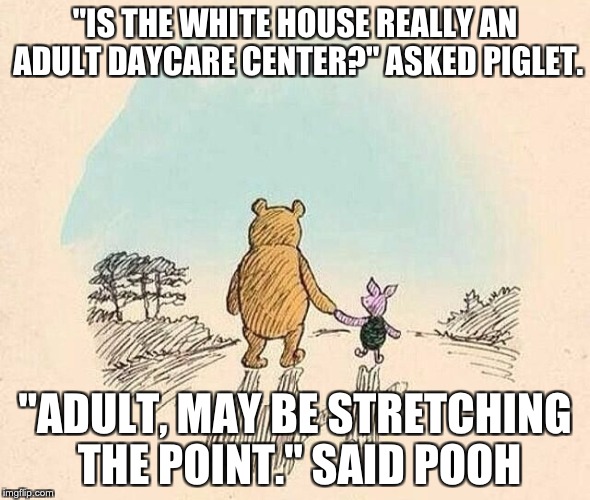 Pooh and Piglet | "IS THE WHITE HOUSE REALLY AN ADULT DAYCARE CENTER?" ASKED PIGLET. "ADULT, MAY BE STRETCHING THE POINT." SAID POOH | image tagged in pooh and piglet | made w/ Imgflip meme maker