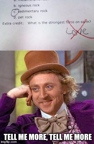 Willy wonka in grease | TELL ME MORE, TELL ME MORE | image tagged in creepy condescending wonka,funny test answers,love | made w/ Imgflip meme maker