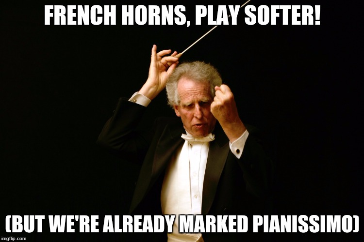 When You're Music Director Just Doesn't Get It | FRENCH HORNS, PLAY SOFTER! (BUT WE'RE ALREADY MARKED PIANISSIMO) | image tagged in that would be great | made w/ Imgflip meme maker