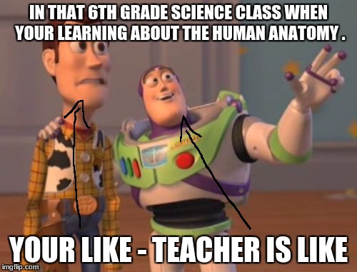 X, X Everywhere Meme | IN THAT 6TH GRADE SCIENCE CLASS WHEN YOUR LEARNING ABOUT THE HUMAN ANATOMY . YOUR LIKE - TEACHER IS LIKE | image tagged in memes,x x everywhere | made w/ Imgflip meme maker