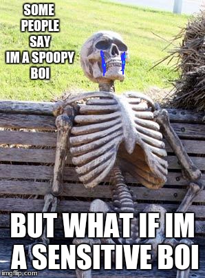 1 upDoot = 1 Spoopy Boi | SOME PEOPLE SAY IM A SPOOPY BOI; BUT WHAT IF IM A SENSITIVE BOI | image tagged in memes,waiting skeleton | made w/ Imgflip meme maker