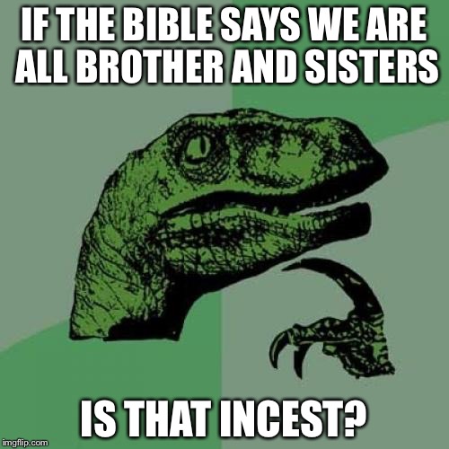 Philosoraptor | IF THE BIBLE SAYS WE ARE ALL BROTHER AND SISTERS; IS THAT INCEST? | image tagged in memes,philosoraptor | made w/ Imgflip meme maker