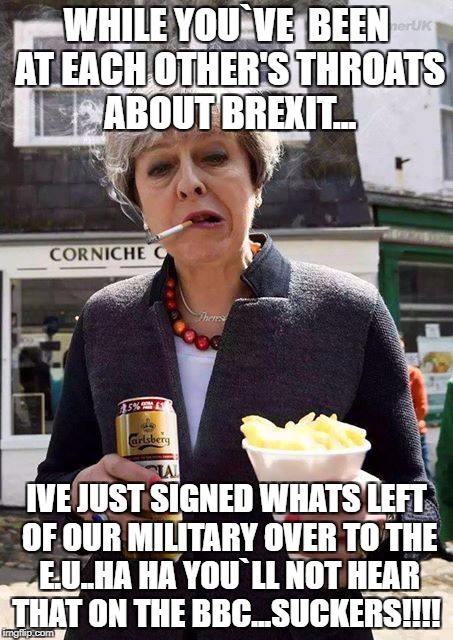 WHILE YOU`VE  BEEN AT EACH OTHER'S THROATS ABOUT BREXIT... IVE JUST SIGNED WHATS LEFT OF OUR MILITARY OVER TO THE E.U..HA HA YOU`LL NOT HEAR THAT ON THE BBC...SUCKERS!!!! | image tagged in theresa may | made w/ Imgflip meme maker