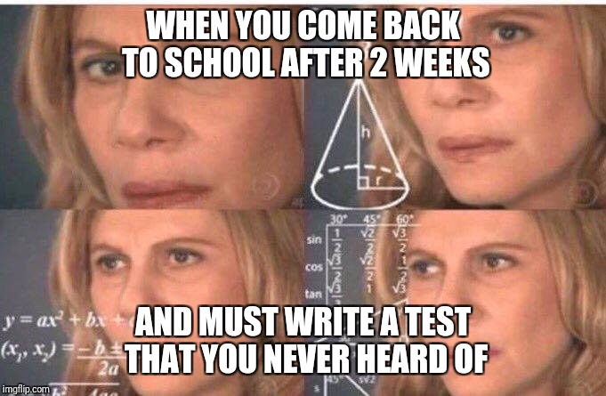 Math lady/Confused lady | WHEN YOU COME BACK TO SCHOOL AFTER 2 WEEKS; AND MUST WRITE A TEST THAT YOU NEVER HEARD OF | image tagged in math lady/confused lady | made w/ Imgflip meme maker