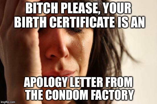 First World Problems Meme | BITCH PLEASE, YOUR BIRTH CERTIFICATE IS AN; APOLOGY LETTER FROM THE CONDOM FACTORY | image tagged in memes,first world problems | made w/ Imgflip meme maker