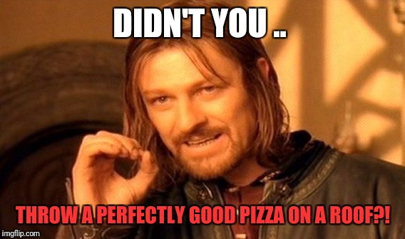 One Does Not Simply Meme | DIDN'T YOU .. THROW A PERFECTLY GOOD PIZZA ON A ROOF?! | image tagged in memes,one does not simply | made w/ Imgflip meme maker