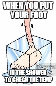 Frozen foot | WHEN YOU PUT YOUR FOOT; IN THE SHOWER TO CHECK THE TEMP | image tagged in cold,frozen,shower,temperature,ice cube | made w/ Imgflip meme maker