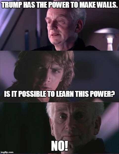 palpatine unnatural | TRUMP HAS THE POWER TO MAKE WALLS. IS IT POSSIBLE TO LEARN THIS POWER? NO! | image tagged in palpatine unnatural | made w/ Imgflip meme maker
