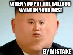 kim jung balloon
 | WHEN YOU PUT THE BALLOON VALVE IN YOUR NOSE; BY MISTAKE | image tagged in balloon valve,blown up | made w/ Imgflip meme maker