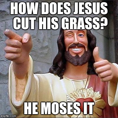 Buddy Christ Meme | HOW DOES JESUS CUT HIS GRASS? HE MOSES IT | image tagged in memes,buddy christ | made w/ Imgflip meme maker