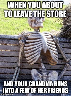 Waiting Skeleton Meme | WHEN YOU ABOUT TO LEAVE THE STORE; AND YOUR GRANDMA RUNS INTO A FEW OF HER FRIENDS | image tagged in memes,waiting skeleton | made w/ Imgflip meme maker