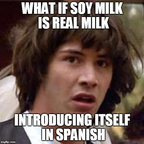 Conspiracy Keanu Meme | WHAT IF SOY MILK IS REAL MILK; INTRODUCING ITSELF IN SPANISH | image tagged in memes,conspiracy keanu | made w/ Imgflip meme maker