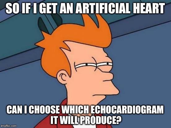 Futurama Fry Meme | SO IF I GET AN ARTIFICIAL HEART; CAN I CHOOSE WHICH ECHOCARDIOGRAM IT WILL PRODUCE? | image tagged in memes,futurama fry | made w/ Imgflip meme maker