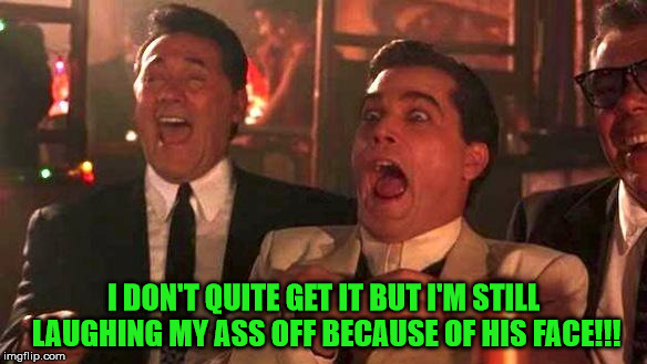 Goodfellas Laughing | I DON'T QUITE GET IT BUT I'M STILL LAUGHING MY ASS OFF BECAUSE OF HIS FACE!!! | image tagged in goodfellas laughing | made w/ Imgflip meme maker