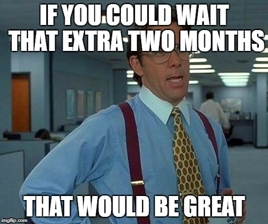 That Would Be Great Meme | IF YOU COULD WAIT THAT EXTRA TWO MONTHS THAT WOULD BE GREAT | image tagged in memes,that would be great | made w/ Imgflip meme maker