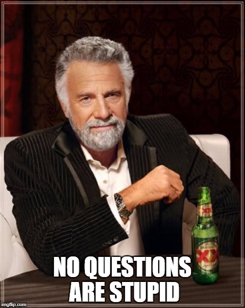 The Most Interesting Man In The World Meme | NO QUESTIONS ARE STUPID | image tagged in memes,the most interesting man in the world | made w/ Imgflip meme maker