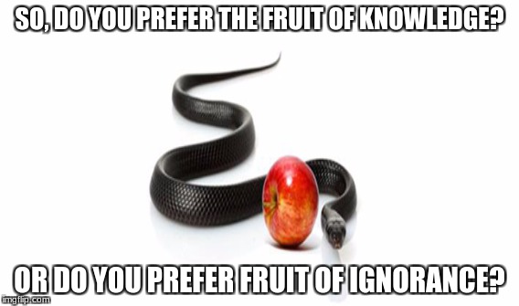 Serpent of Truth | SO, DO YOU PREFER THE FRUIT OF KNOWLEDGE? OR DO YOU PREFER FRUIT OF IGNORANCE? | image tagged in satan,lucifer,education,knowledge,wisdom,liberty | made w/ Imgflip meme maker