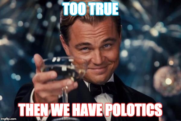 Leonardo Dicaprio Cheers Meme | TOO TRUE THEN WE HAVE POLOTICS | image tagged in memes,leonardo dicaprio cheers | made w/ Imgflip meme maker