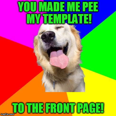 Anti Pun Dog | YOU MADE ME PEE MY TEMPLATE! TO THE FRONT PAGE! | image tagged in anti pun dog | made w/ Imgflip meme maker