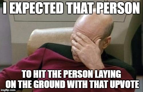 Captain Picard Facepalm Meme | I EXPECTED THAT PERSON TO HIT THE PERSON LAYING ON THE GROUND WITH THAT UPVOTE | image tagged in memes,captain picard facepalm | made w/ Imgflip meme maker