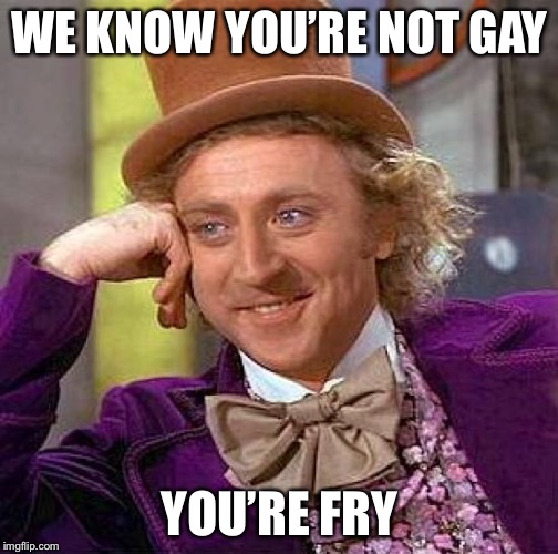 Creepy Condescending Wonka Meme | WE KNOW YOU’RE NOT GAY YOU’RE FRY | image tagged in memes,creepy condescending wonka | made w/ Imgflip meme maker