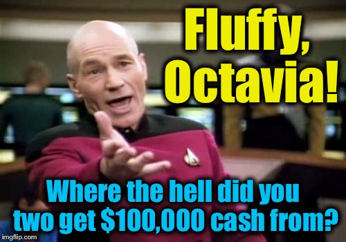 Picard Wtf Meme | Fluffy, Octavia! Where the hell did you two get $100,000 cash from? | image tagged in memes,picard wtf | made w/ Imgflip meme maker