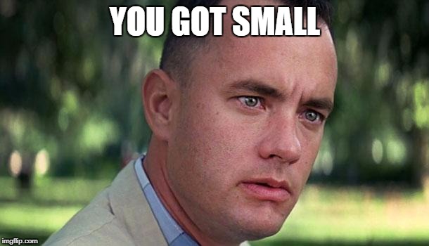 gump | YOU GOT SMALL | image tagged in gump | made w/ Imgflip meme maker