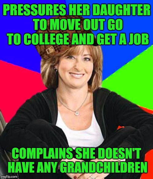 Sheltering Suburban Mom Meme | PRESSURES HER DAUGHTER TO MOVE OUT GO TO COLLEGE AND GET A JOB; COMPLAINS SHE DOESN'T HAVE ANY GRANDCHILDREN | image tagged in memes,sheltering suburban mom,scumbag | made w/ Imgflip meme maker