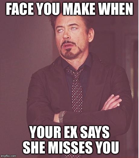 Face You Make Robert Downey Jr | FACE YOU MAKE WHEN; YOUR EX SAYS SHE MISSES YOU | image tagged in memes,face you make robert downey jr | made w/ Imgflip meme maker