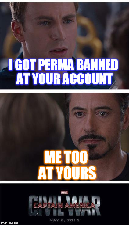 Marvel Civil War 1 Meme | I GOT PERMA BANNED AT YOUR ACCOUNT; ME TOO AT YOURS | image tagged in memes,marvel civil war 1 | made w/ Imgflip meme maker