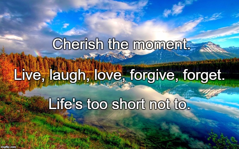 life | Cherish the moment. Live, laugh, love, forgive, forget. Life's too short not to. | image tagged in life | made w/ Imgflip meme maker