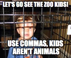 Zoo Kids | LET'S GO SEE THE ZOO KIDS! USE COMMAS, KIDS AREN'T ANIMALS | image tagged in comma,zoo,kids,punctuation | made w/ Imgflip meme maker