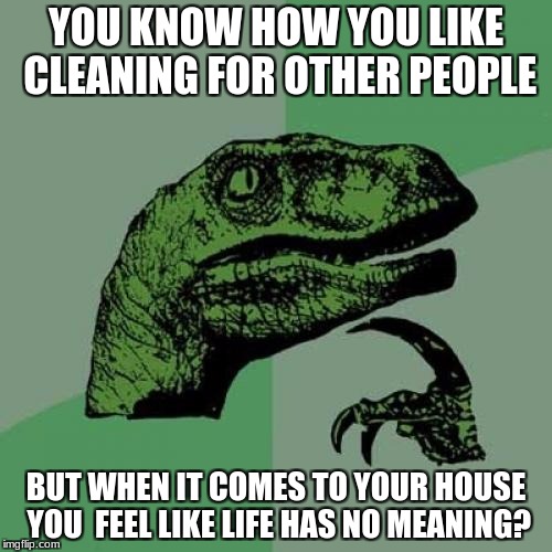 Philosoraptor | YOU KNOW HOW YOU LIKE CLEANING FOR OTHER PEOPLE; BUT WHEN IT COMES TO YOUR HOUSE YOU  FEEL LIKE LIFE HAS NO MEANING? | image tagged in memes,philosoraptor | made w/ Imgflip meme maker