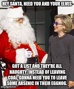 idiots | HEY SANTA, NEED YOU AND YOUR ELVES; GOT A LIST AND THEY'RE ALL NAUGHTY. INSTEAD OF LEAVING COAL, GONNA NEED YOU TO LEAVE SOME ARSENIC IN THEIR EGGNOG. | image tagged in hillary,hillary clinton,stupid liberals,murder,santa | made w/ Imgflip meme maker