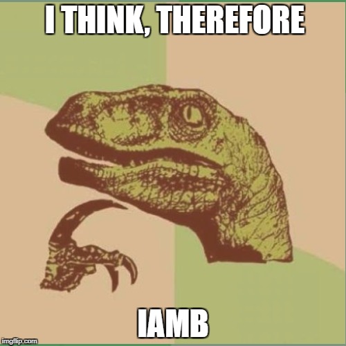 deep thinking Descartes raptor | I THINK, THEREFORE; IAMB | image tagged in philosophy,poet | made w/ Imgflip meme maker
