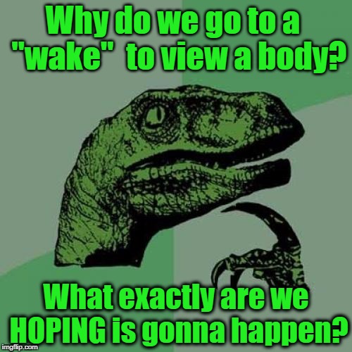 Something to think about | Why do we go to a  "wake"  to view a body? What exactly are we HOPING is gonna happen? | image tagged in memes,philosoraptor | made w/ Imgflip meme maker