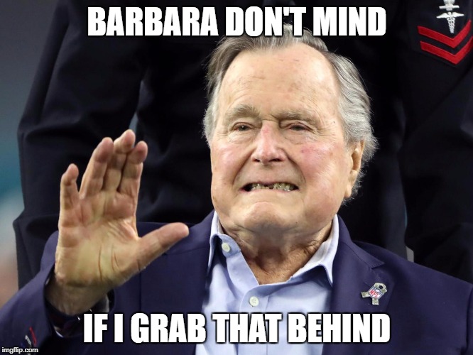 George Bush Likes Behind | BARBARA DON'T MIND; IF I GRAB THAT BEHIND | image tagged in george bush,sexual harassment | made w/ Imgflip meme maker
