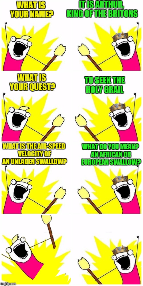 We'll, you have to know these things when you're a king you know.  | IT IS ARTHUR, KING OF THE BRITONS; WHAT IS YOUR NAME? WHAT IS YOUR QUEST? TO SEEK THE HOLY GRAIL; WHAT IS THE AIR-SPEED VELOCITY OF AN UNLADEN SWALLOW? WHAT DO YOU MEAN? AN AFRICAN OR EUROPEAN SWALLOW? | image tagged in monty python and the holy grail,king arthur,bridgekeeper,three questions | made w/ Imgflip meme maker