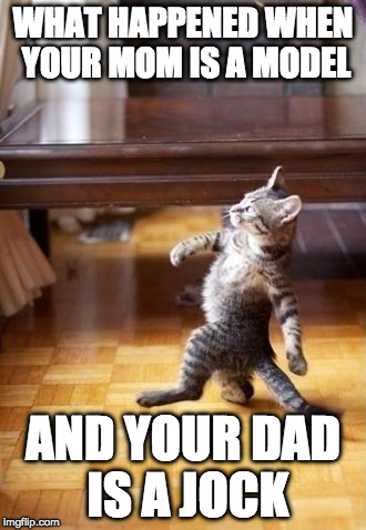 Cool Cat Stroll | WHAT HAPPENED WHEN YOUR MOM IS A MODEL; AND YOUR DAD IS A JOCK | image tagged in memes,cool cat stroll | made w/ Imgflip meme maker