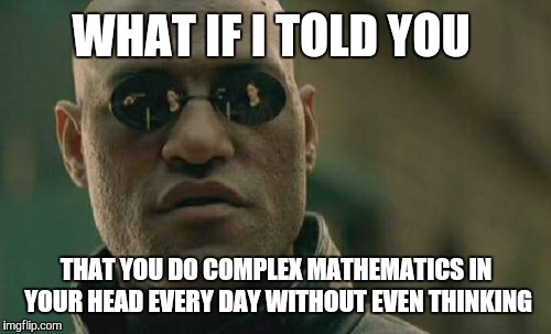 Matrix Morpheus Meme | WHAT IF I TOLD YOU THAT YOU DO COMPLEX MATHEMATICS IN YOUR HEAD EVERY DAY WITHOUT EVEN THINKING | image tagged in memes,matrix morpheus | made w/ Imgflip meme maker